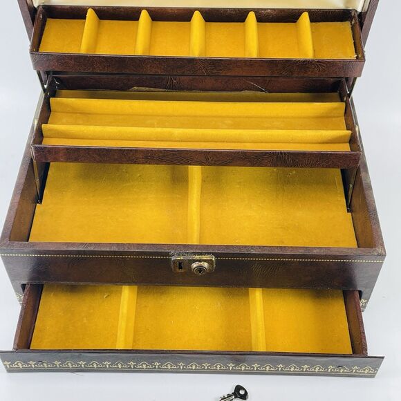 VTG MELE 4-Tier Jewelry Box MCM Mid-Century Faux Leather Satin Gold Velvet w KEY - Picture 11 of 16